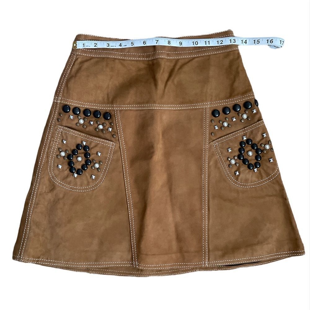 Coach Lamb Suede High Waisted Western Studded Mini Skirt Brown Tan Size 2 NWOT - Picture 2 of 9